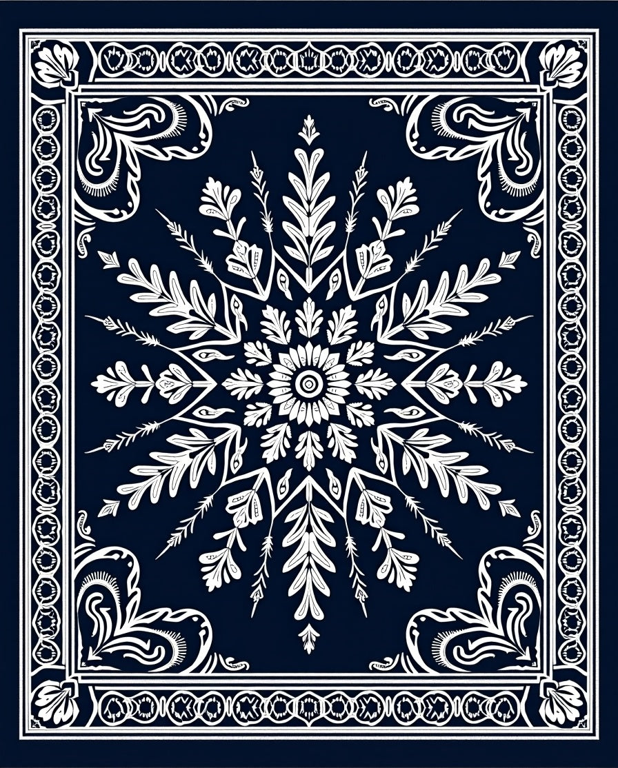 Navy White Floral Medallion Mandala Rug