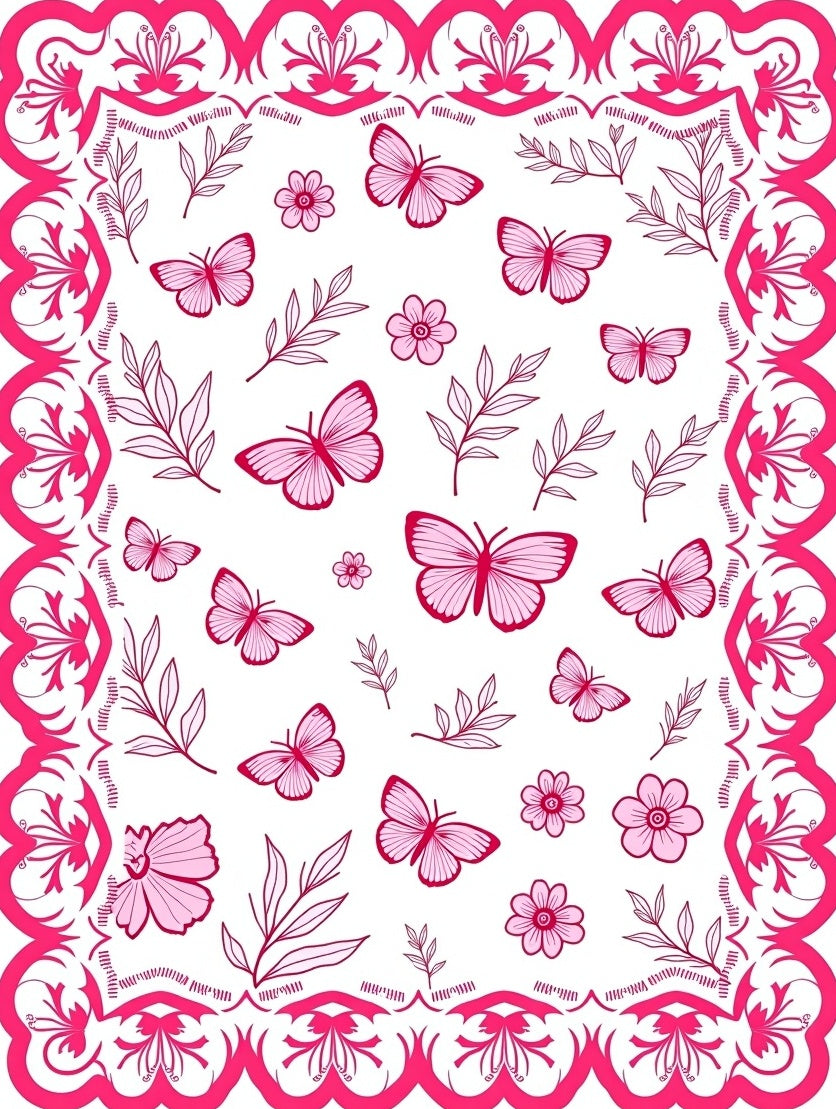 Whimsical pink butterfly floral border Rug