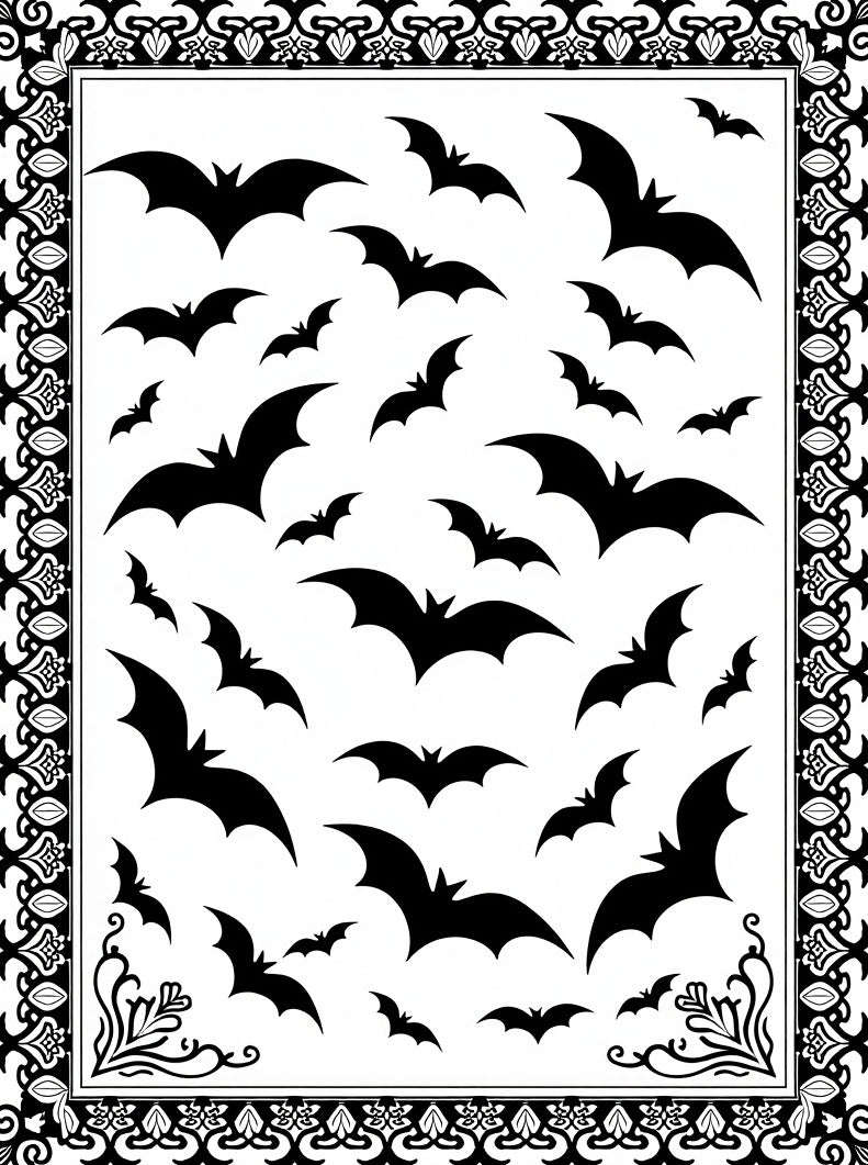 Black Flying Bats Halloween Border Rug