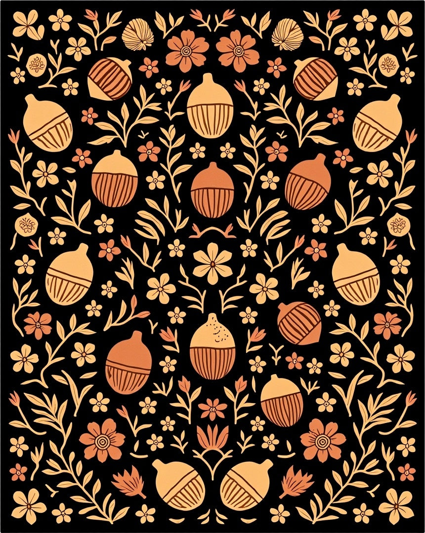Orange Acorn Floral Black Background Rug