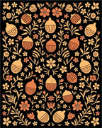 Orange Acorn Floral Black Background Rug