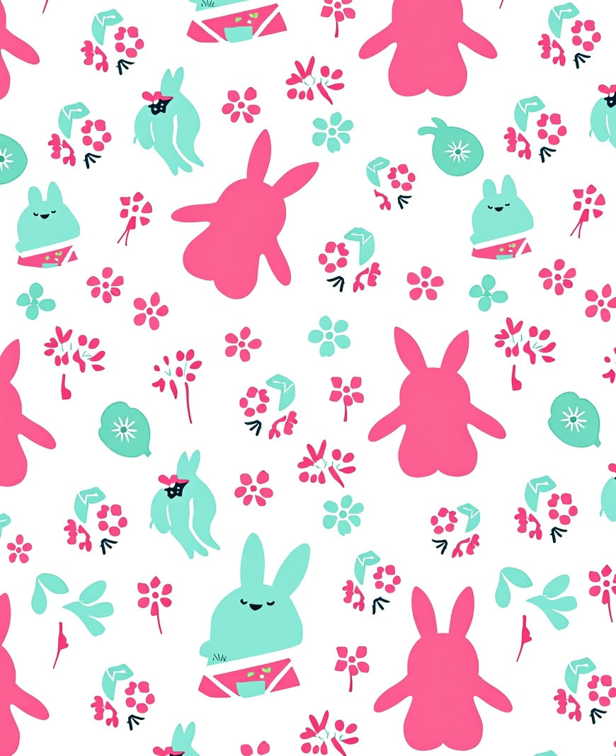 Pink Teal Kawaii Bunny Blossoms Rug
