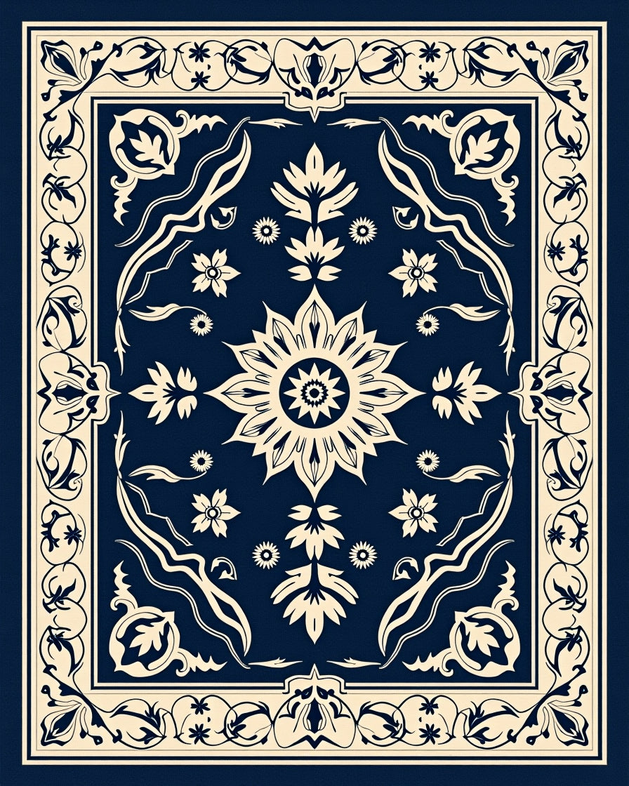 Deep Blue Ivory Floral Medallion Border Rug