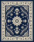 Deep Blue Ivory Floral Medallion Border Rug