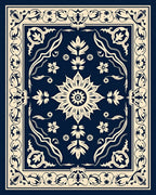 Deep Blue Ivory Floral Medallion Border Rug