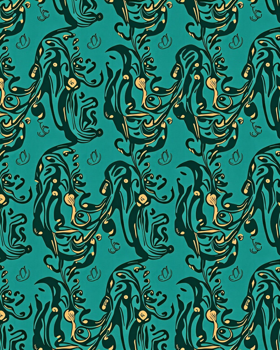 Teal And Gold Abstract Swirling Vines Rug