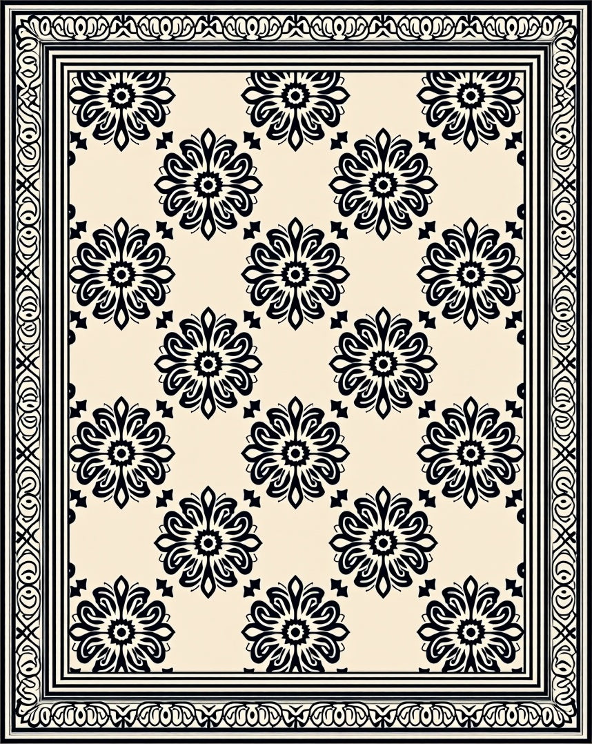 Cream Black Floral Medallion Border Rug