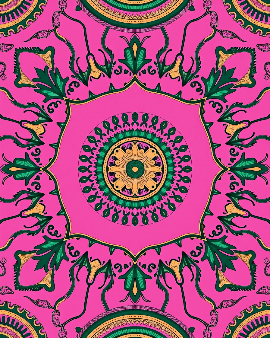 Vibrant Pink Green Floral Mandala Rug