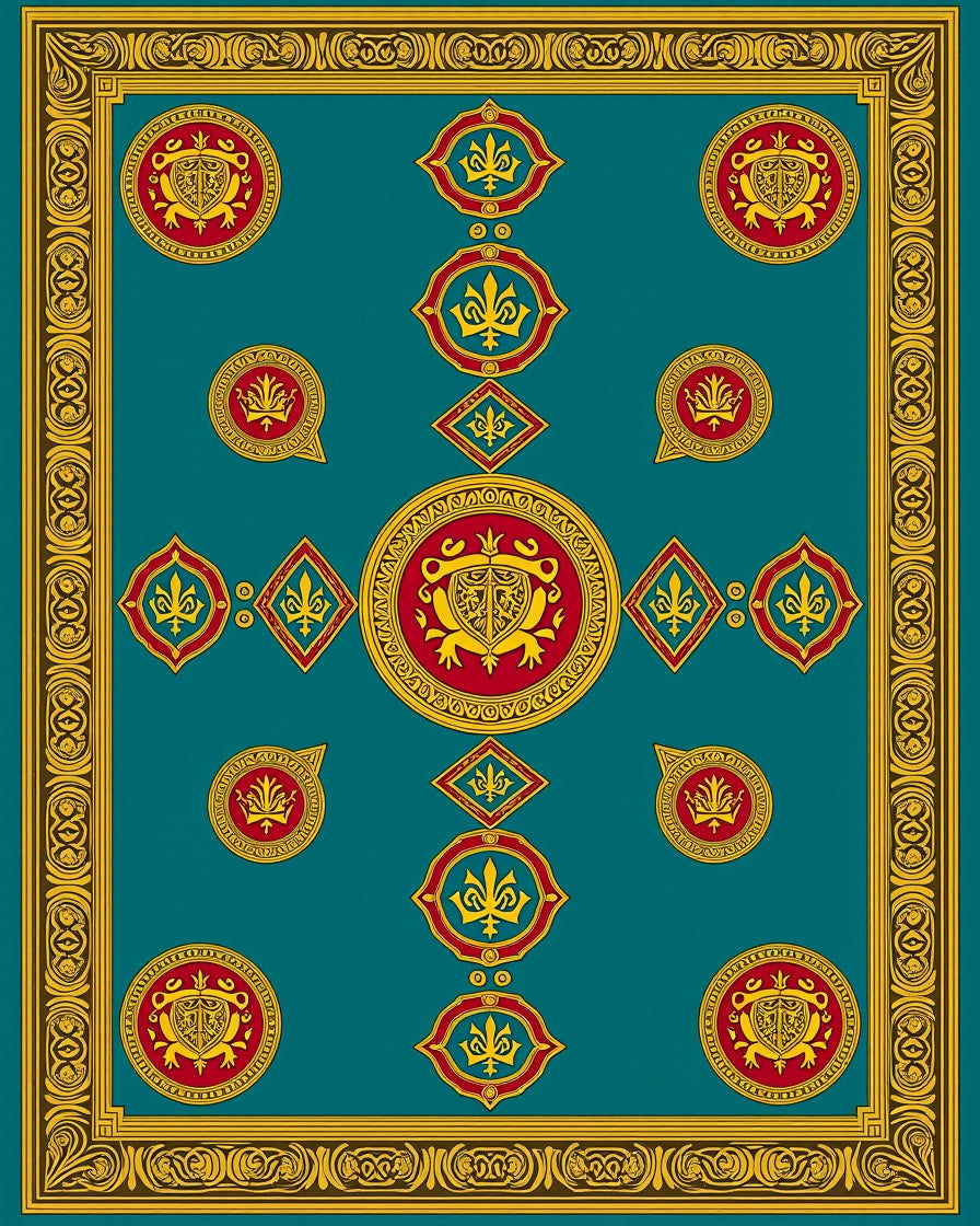 Teal Red Yellow Medallion Border Accents Rug