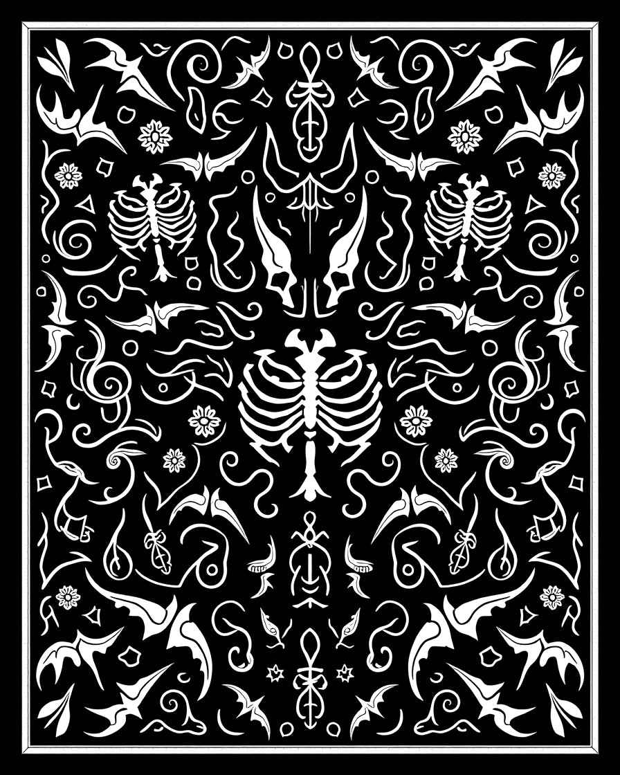 Black White Skeletal Goth Ornate Rug