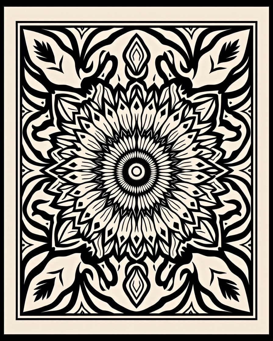 Cream Black Sunburst Mandala Rug