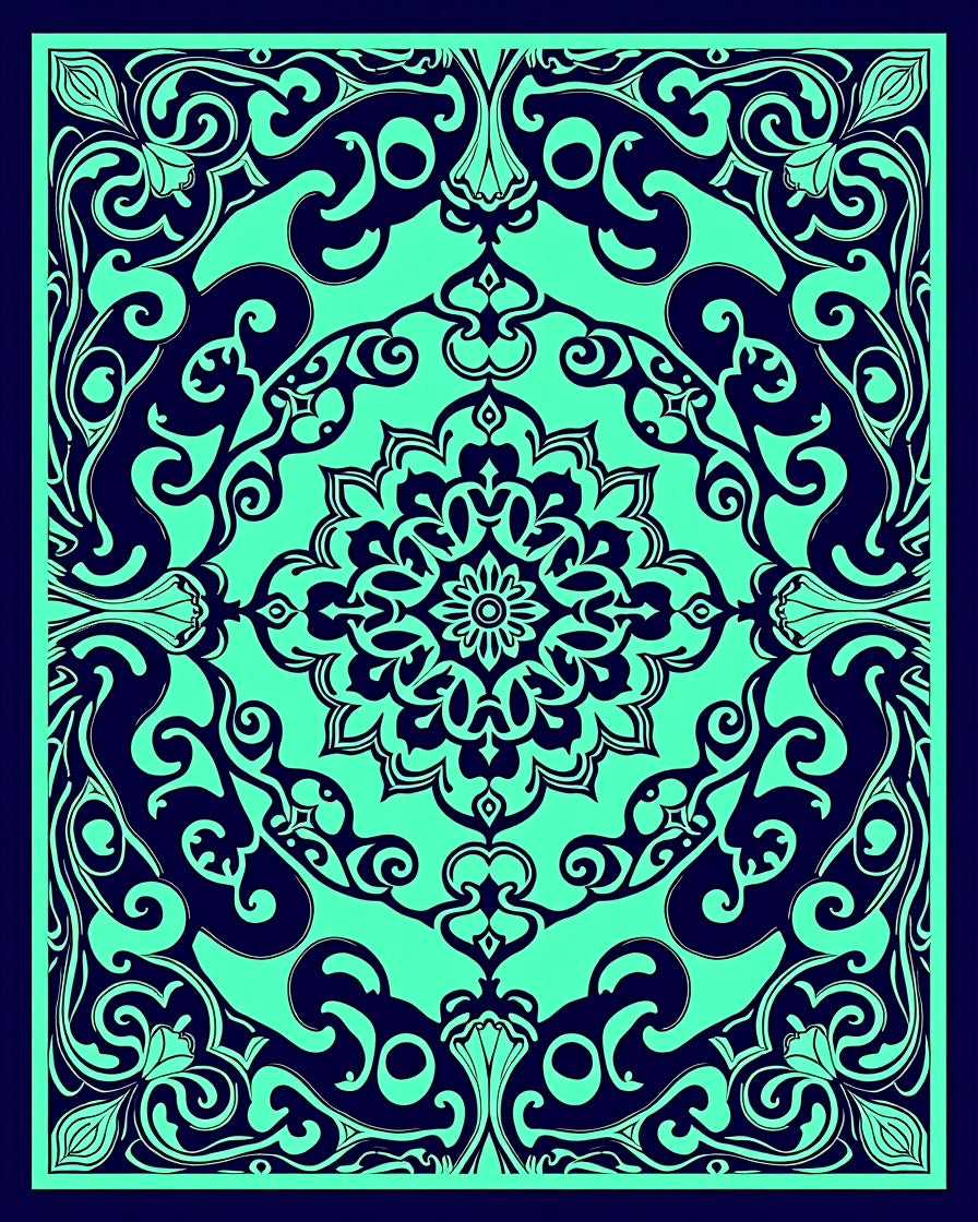 Dark Teal Floral Mandala Rug