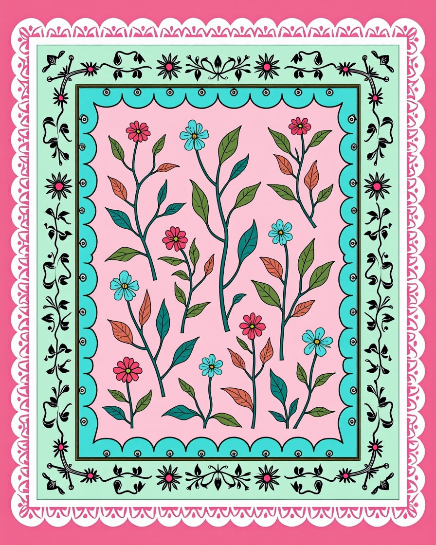 Pink Floral Vines on Pastel Green Background Rug