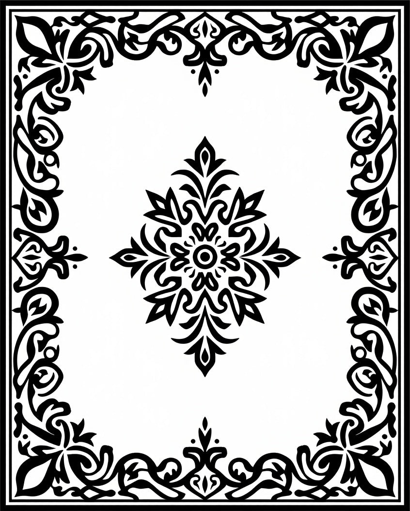 Black Ornamental Floral Scroll Border Rug