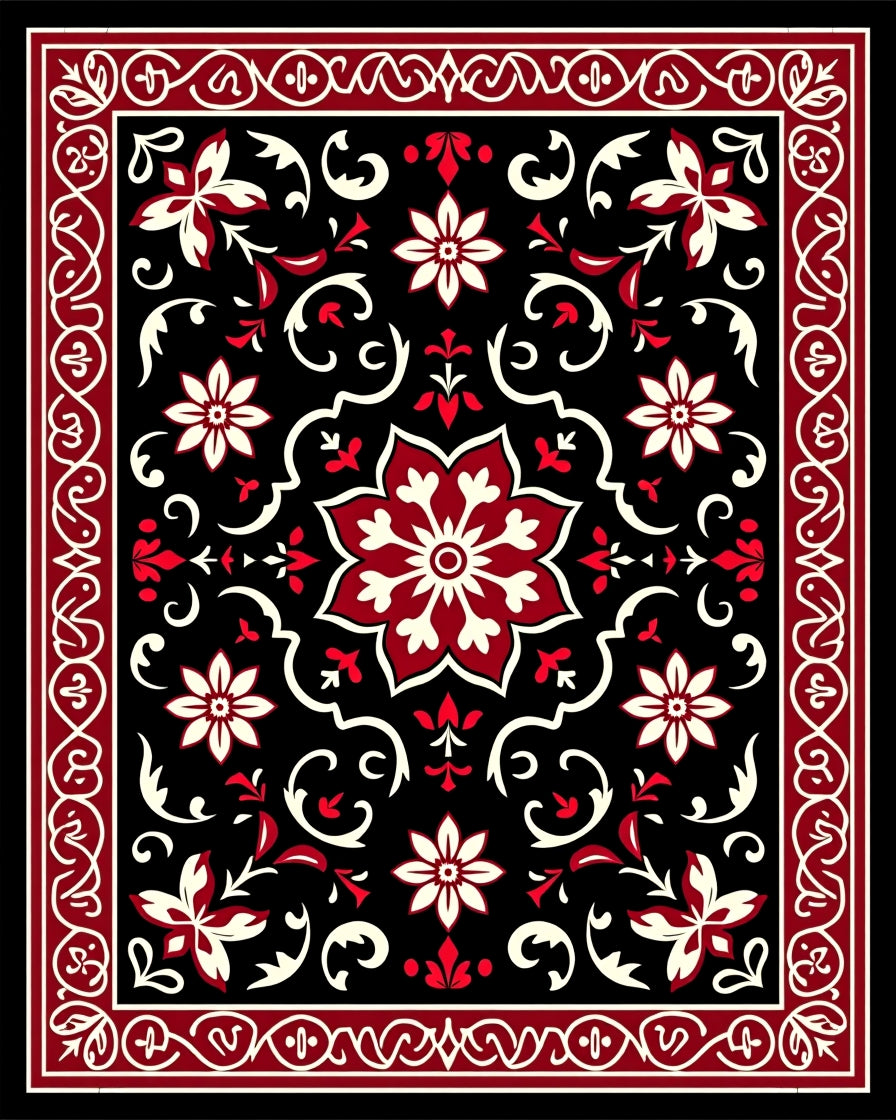 Black Red Floral Medallion Border Rug