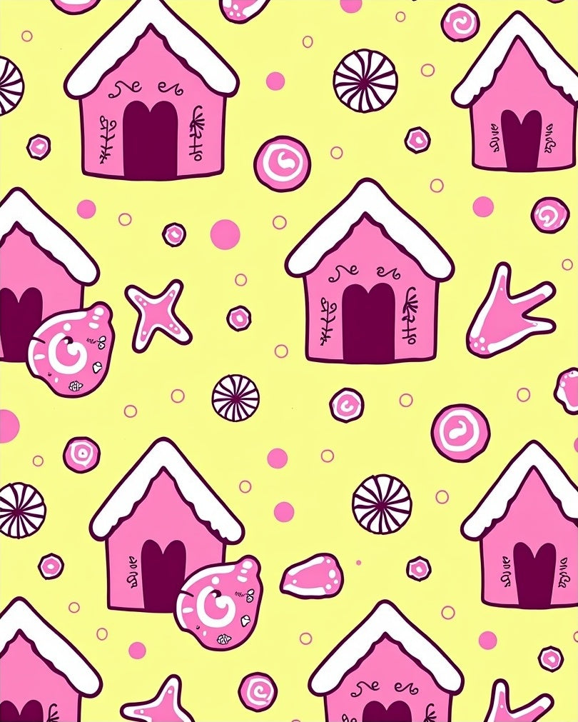 Pink Gingerbread Houses Yellow Background Rug