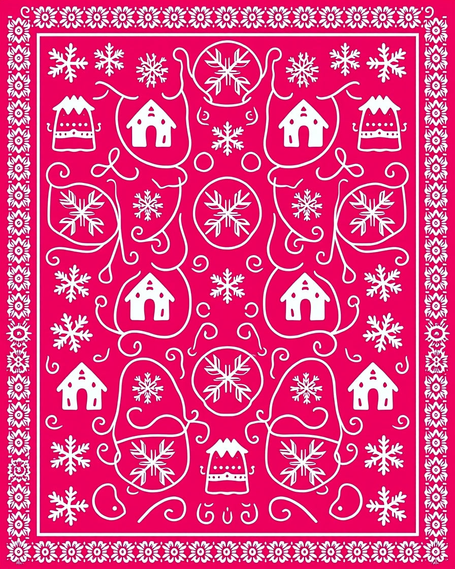Vibrant Pink Winter Village Snowflakes Rug