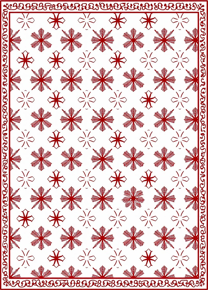 Crimson Snowflake Geometric Border Rug