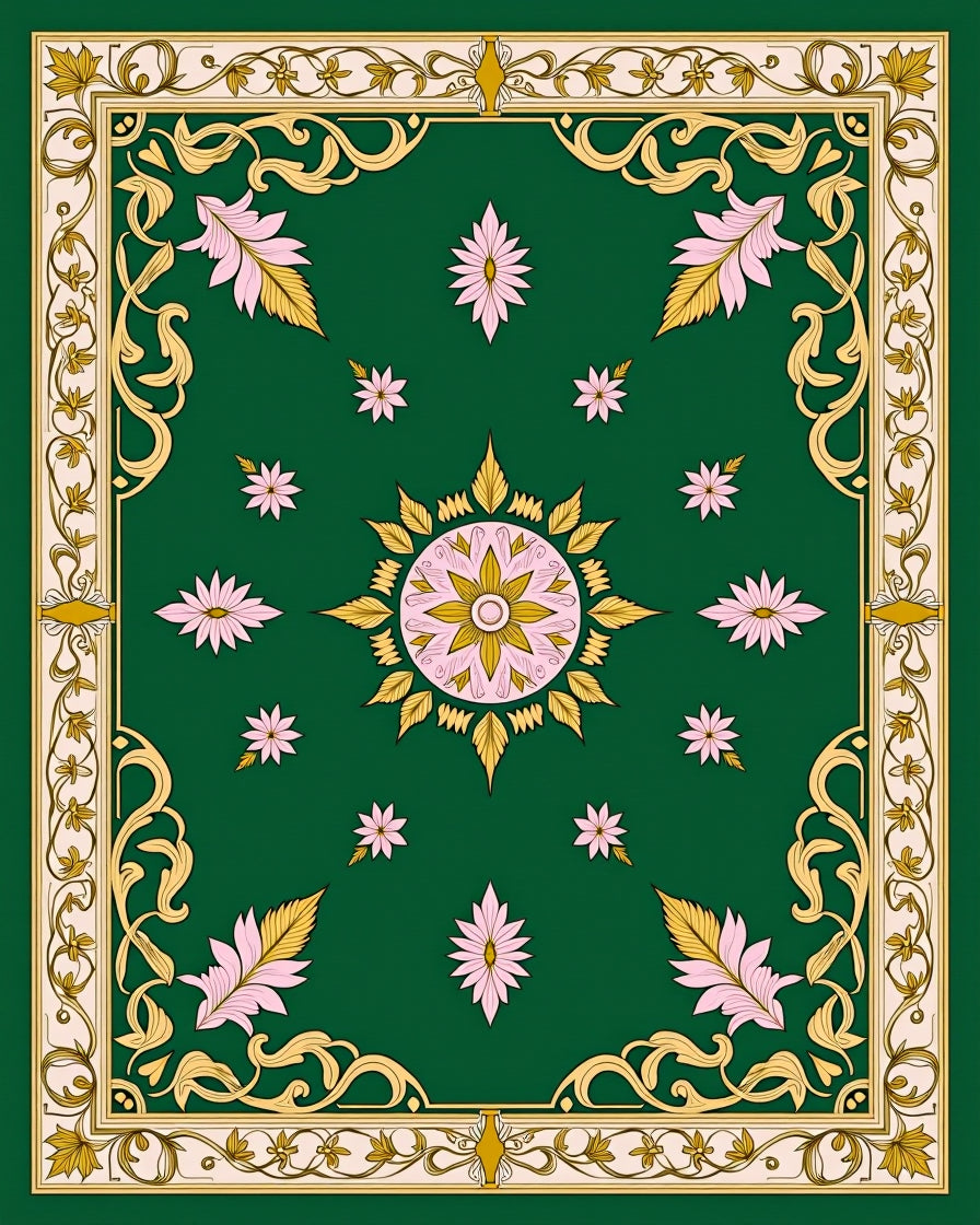 Ornate Green Pink Gold Medallion Floral Rug
