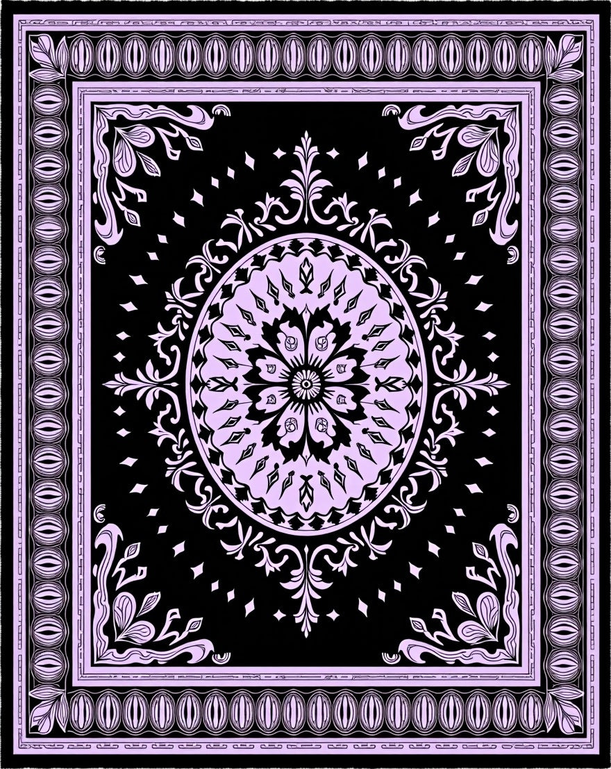 Lavender Floral Mandala Black Rug