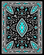 Black Cyan White Medallion Border Rug