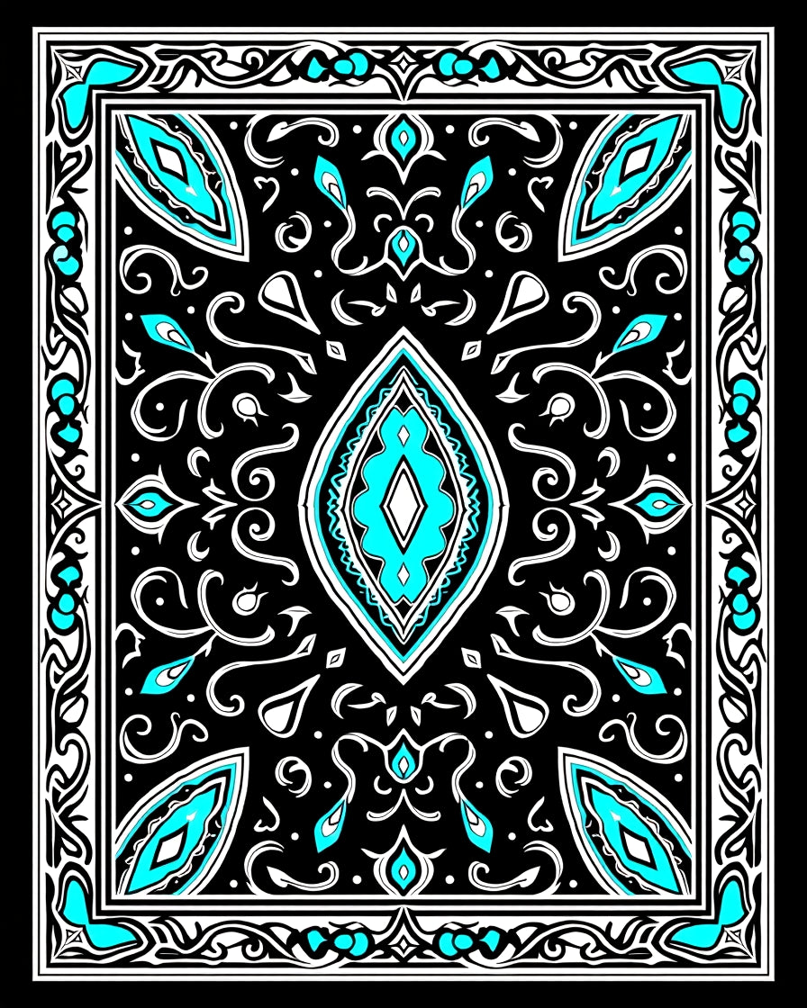 Black Cyan White Medallion Border Rug
