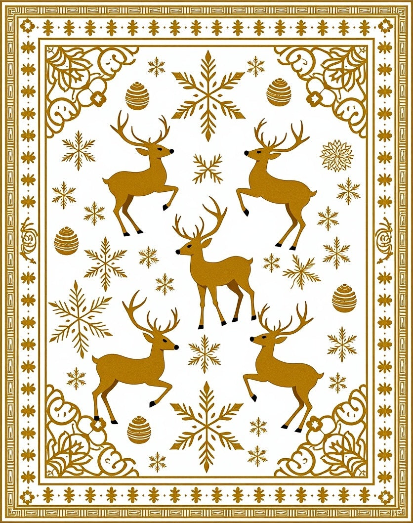 Golden Reindeer Snowflakes Festive Border Rug