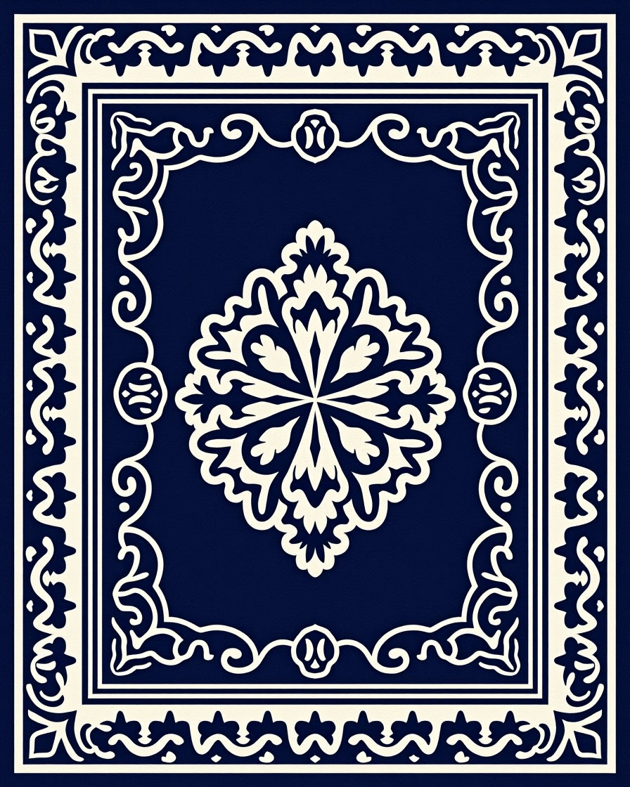 Navy Cream Ornate Floral Medallion Rug