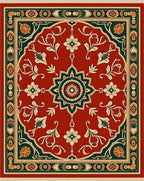 Crimson Floral Medallion with Green Accents Rug