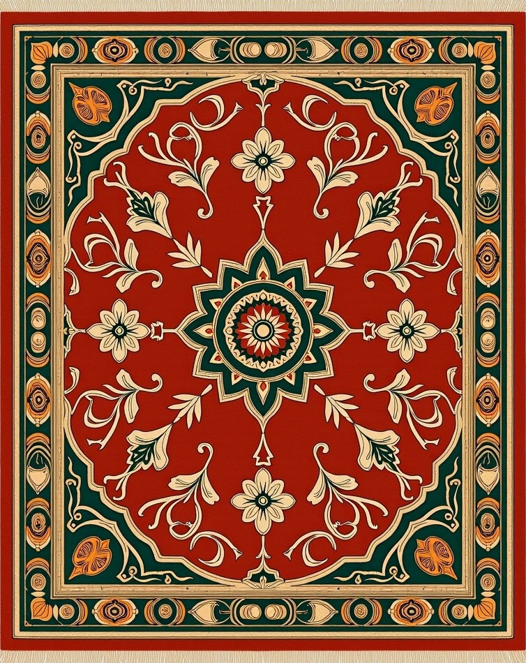Crimson Floral Medallion with Green Accents Rug