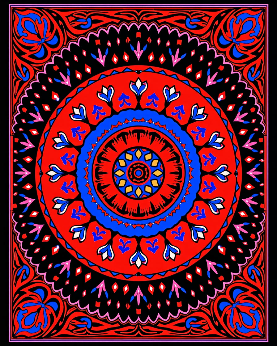 Vibrant Red Blue Floral Mandala Rug