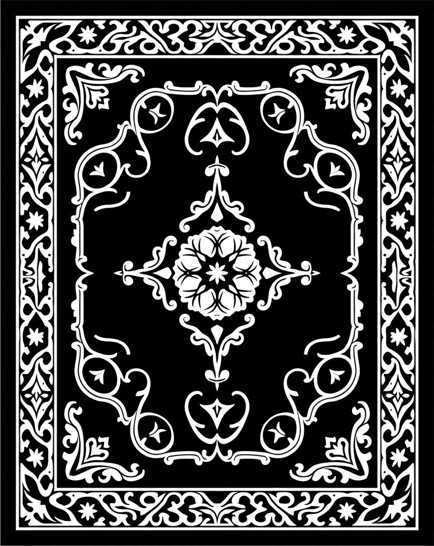 Elegant Black White Ornamental Bloom Rug