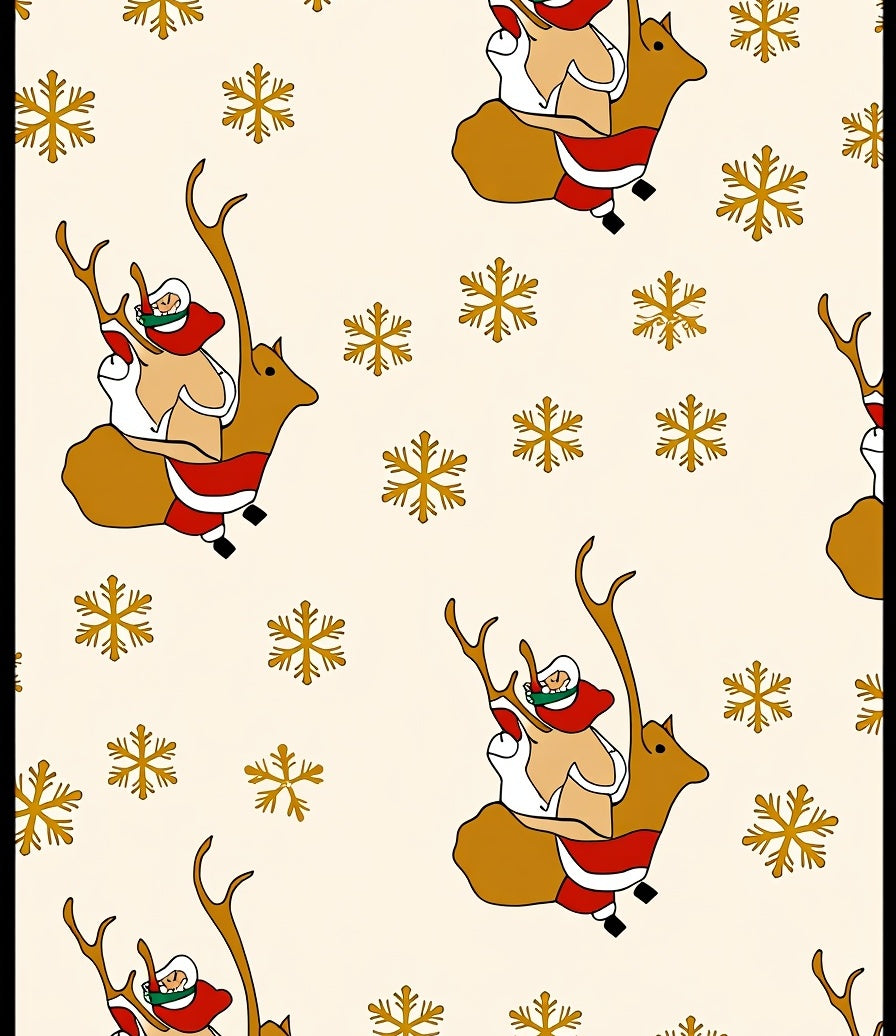 Golden Santa And Reindeer Snowflakes Rug