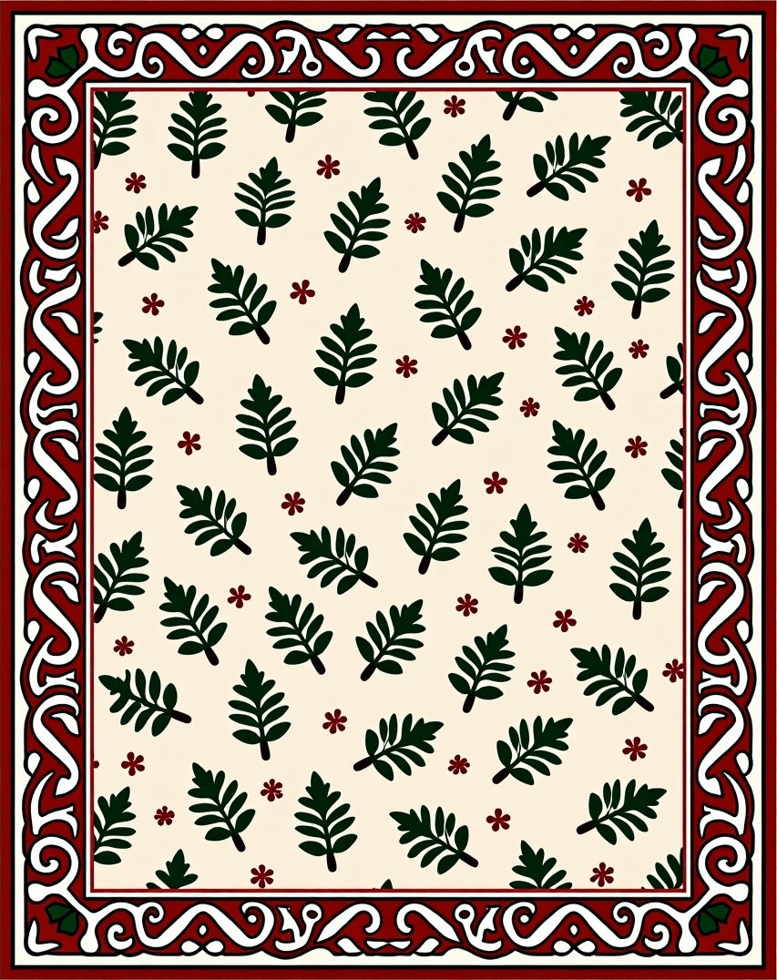 Cream Green Leaf Floral Border Rug