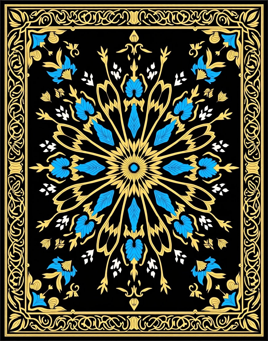Ornate Blue Yellow Floral Frame Rug