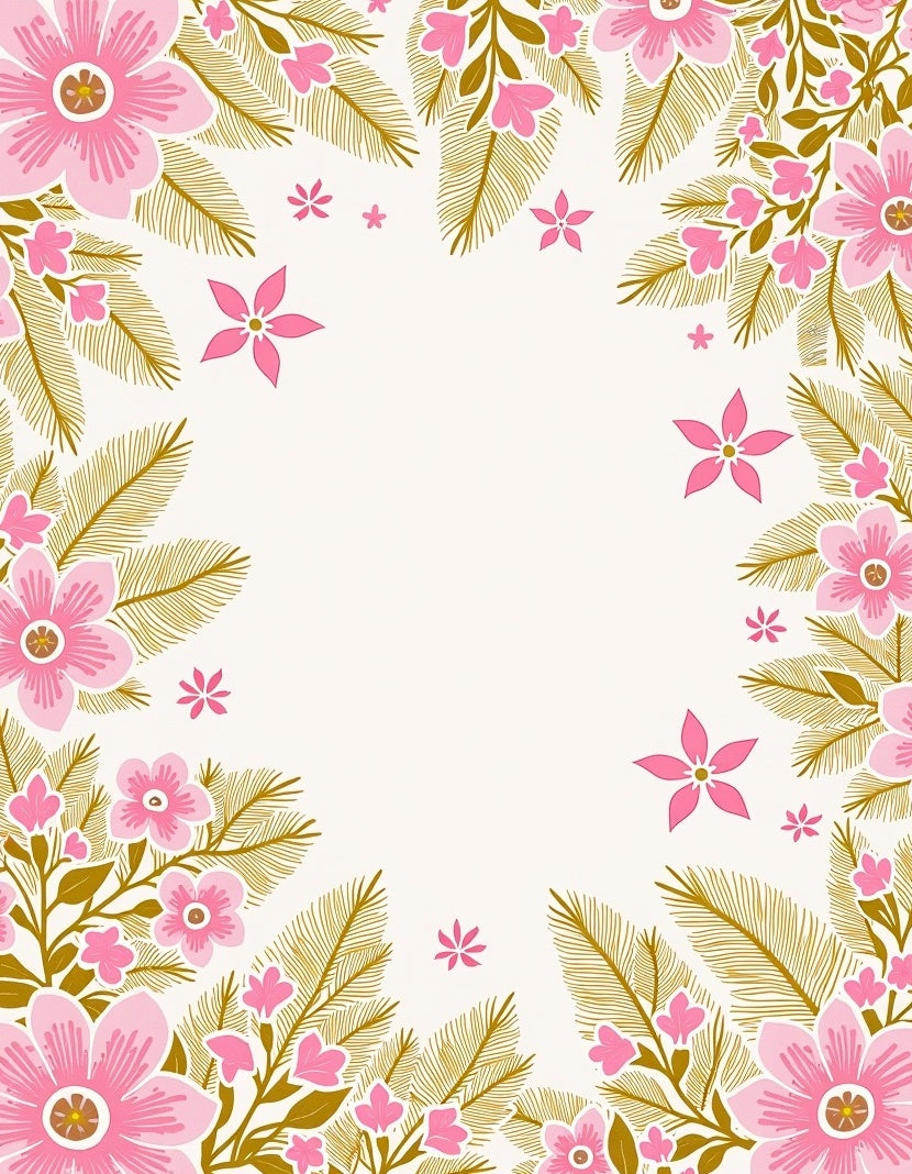 Pink Floral Border with Golden Leaves Rug