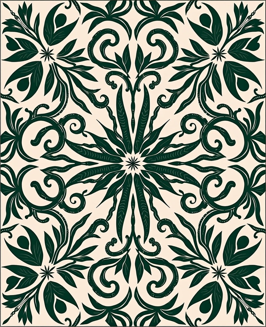 Dark Green Floral Medallion Scroll Rug