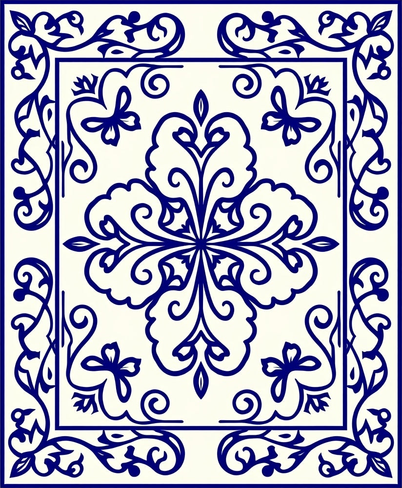 Deep Blue Floral Medallion Tile Rug