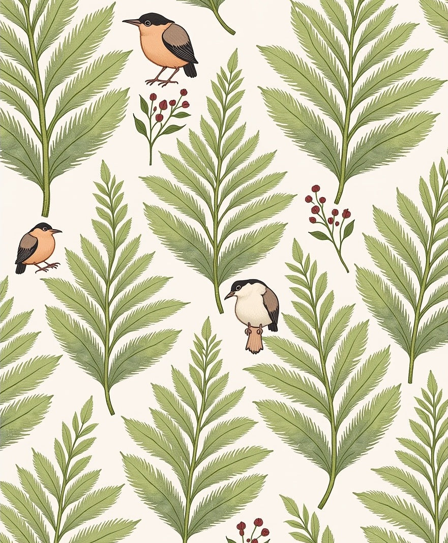 Whimsical Green Fern Bird Scatter Rug
