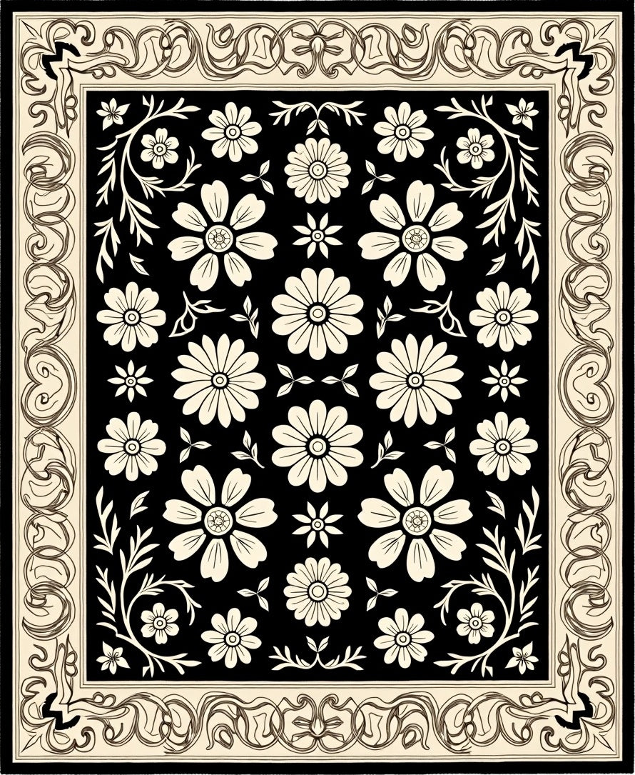Classic Black Cream Floral Border Rug