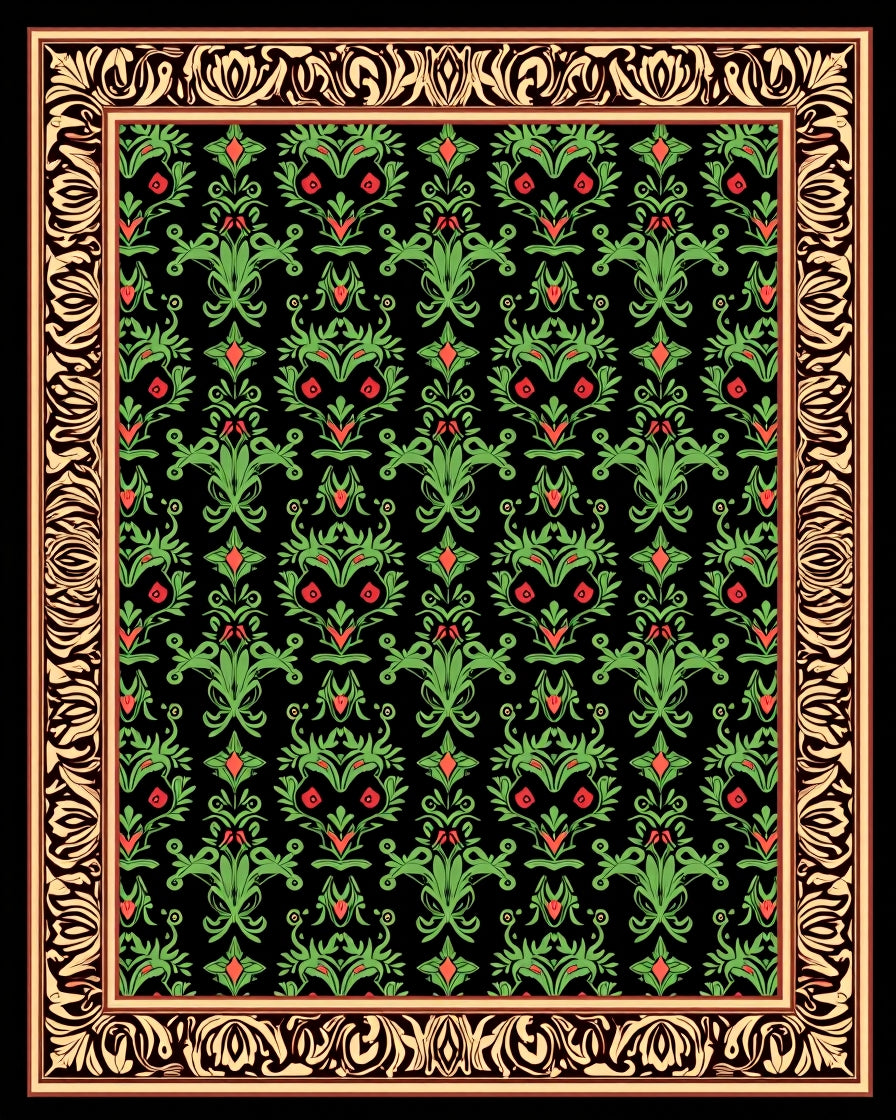 Emerald Green Red Floral Damask Rug