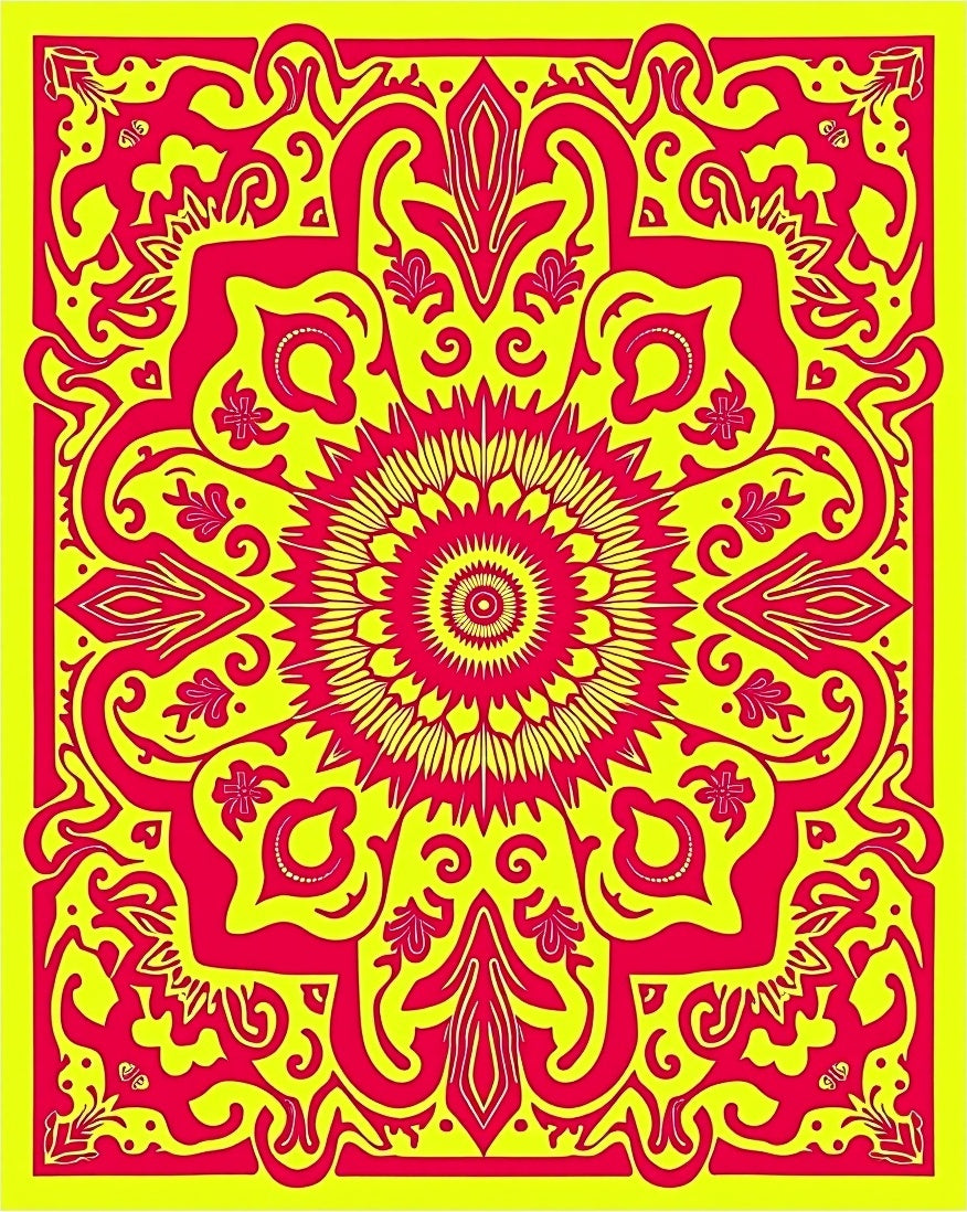 Vibrant Red Yellow Sunburst Mandala Rug