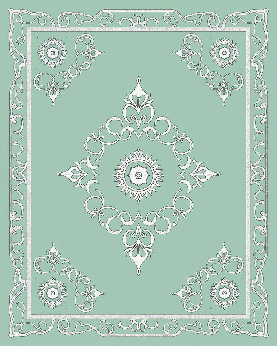 Pale Mint White Medallion Scrollwork Rug