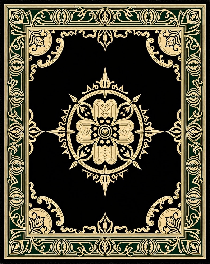 Black Gold Floral Medallion Border Rug