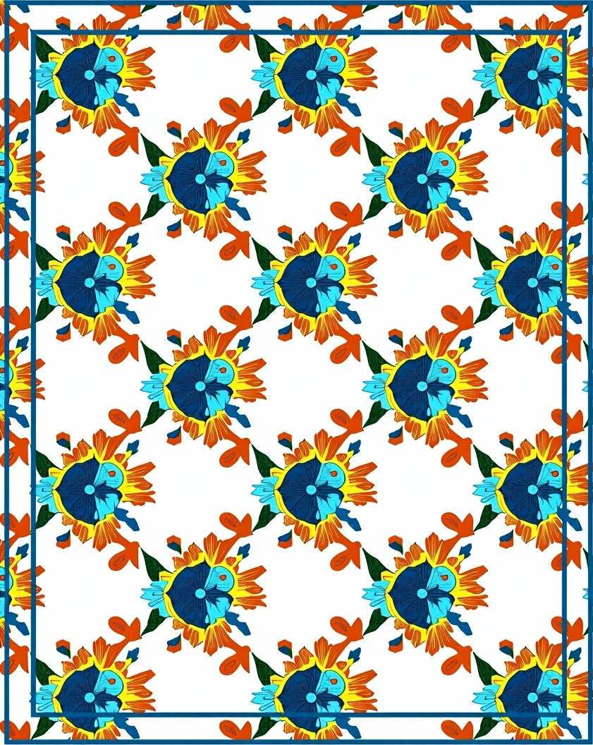 Vibrant Blue Yellow Floral Sunburst Rug