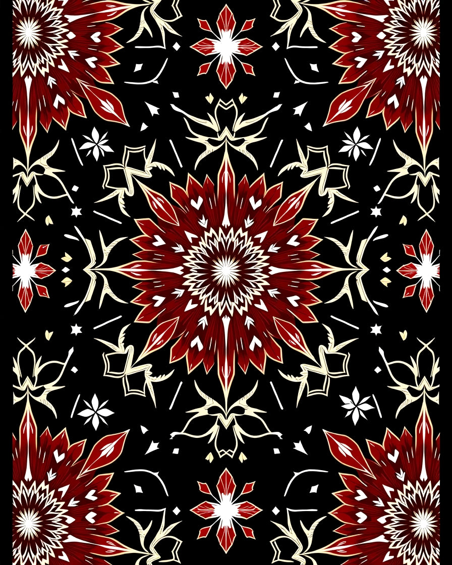 Crimson Petal Starburst Mandala Rug