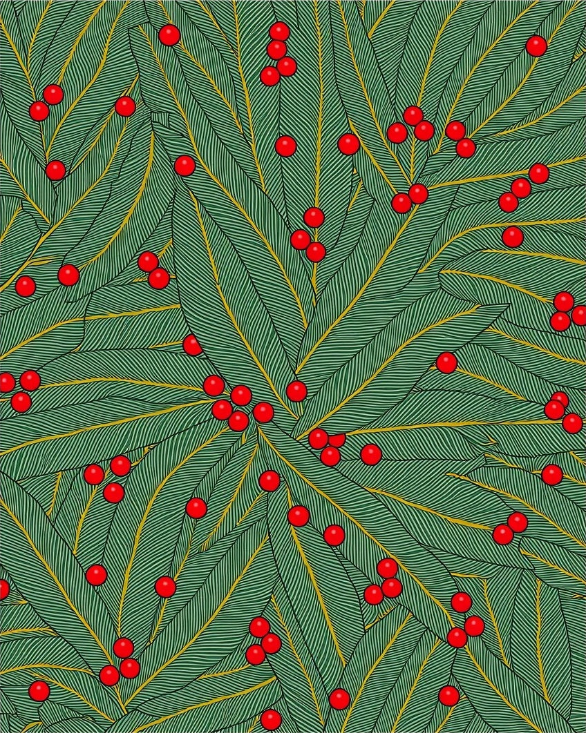Green Leaf Red Berry Cluster Rug