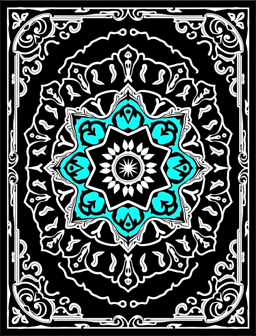 Black Aqua White Starburst Mandala Rug