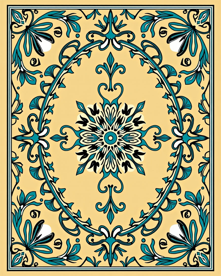 Golden Teal Floral Scroll Mandala Rug