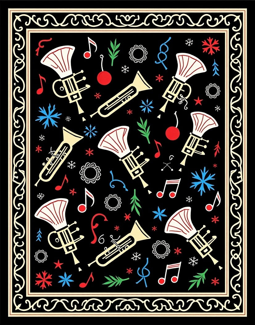 Festive Black Trumpet Music Notes Rug
